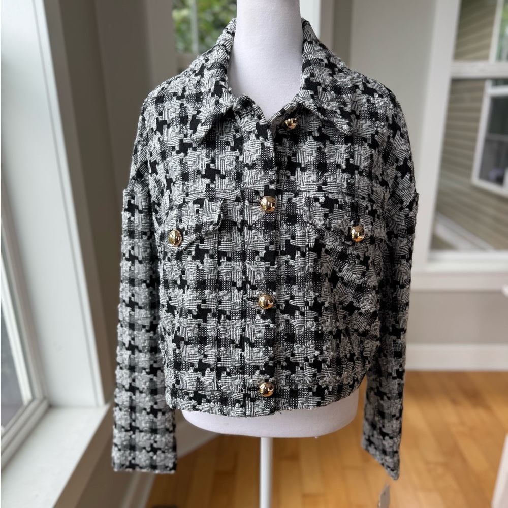 Ophelia Roe Black White Houndstooth Tweed Cropped Jacket Gold Buttons Large NEW